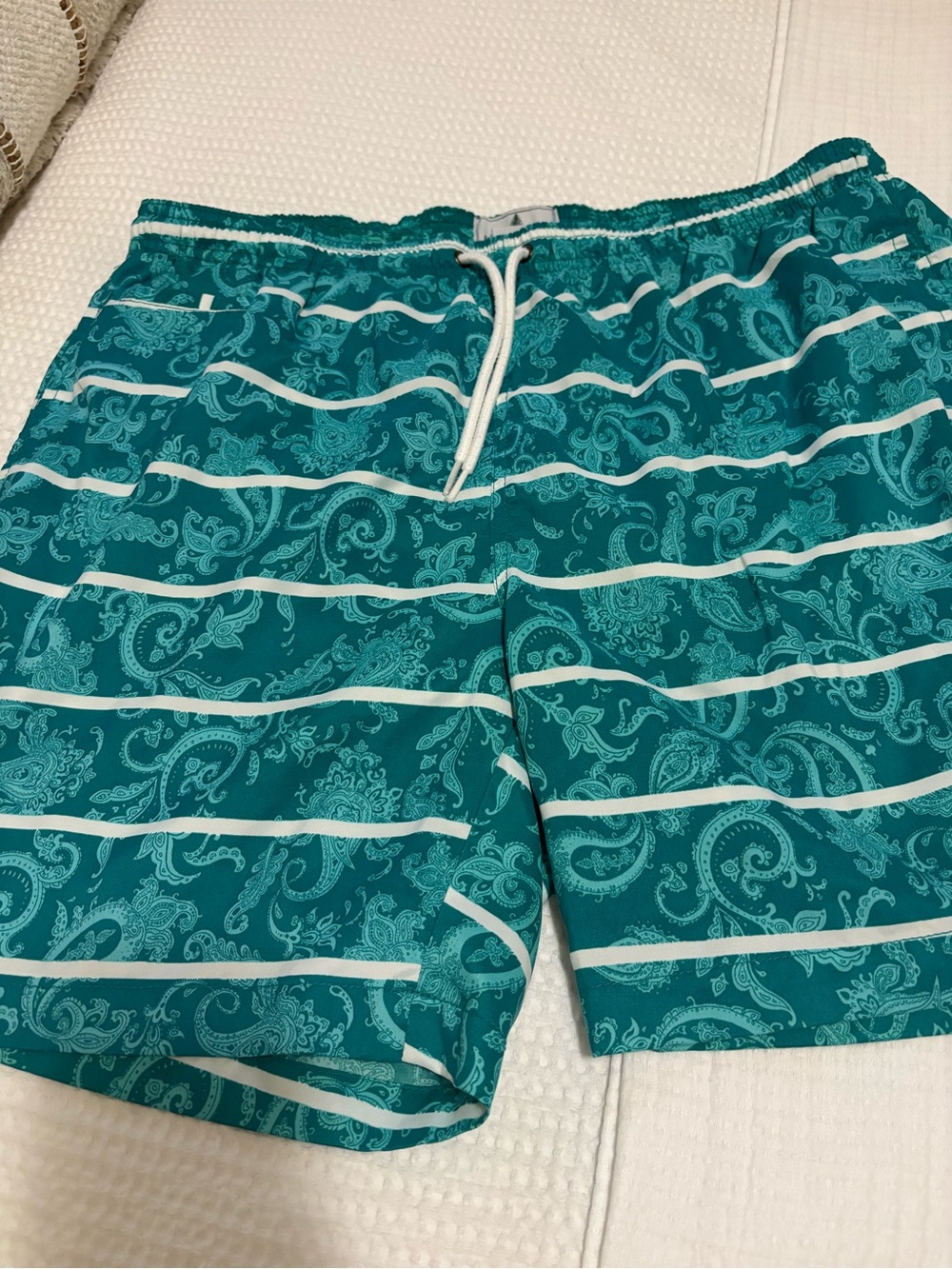 Men's Teal Paisley Stripe Swim Trunks with Drawstring